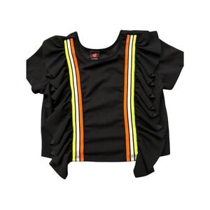 Y2K Made USA Winged Heart Neon Stripe Ruched Ruffle Club Rave‎ Top L